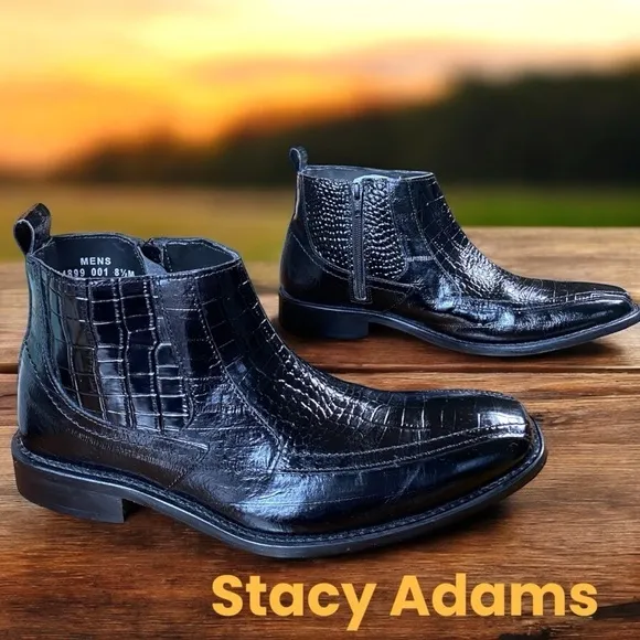 Stacy Adams-Men’s 8.5 black crocodile embossed leather side-zip boots. Like new!