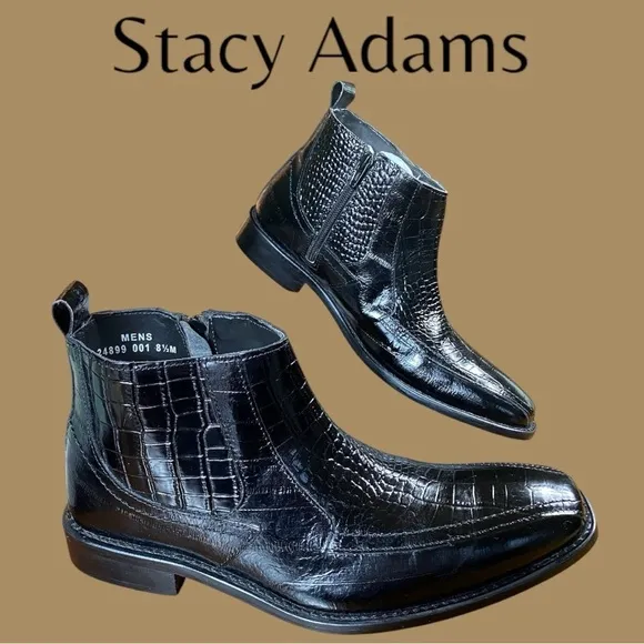 Stacy Adams-Men’s 8.5 black crocodile embossed leather side-zip boots. Like new!