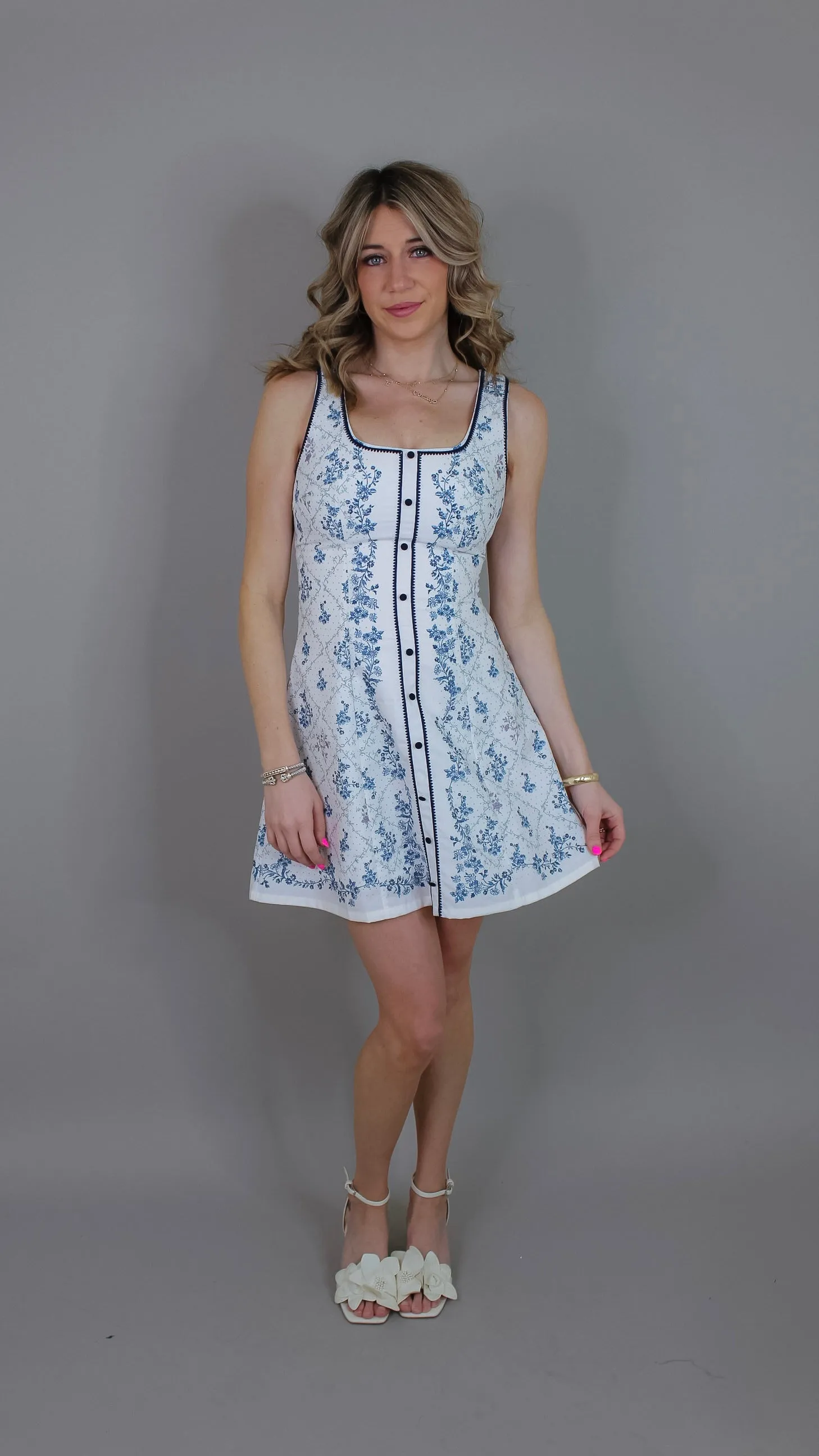 Stephanie White/Navy Printed Dress