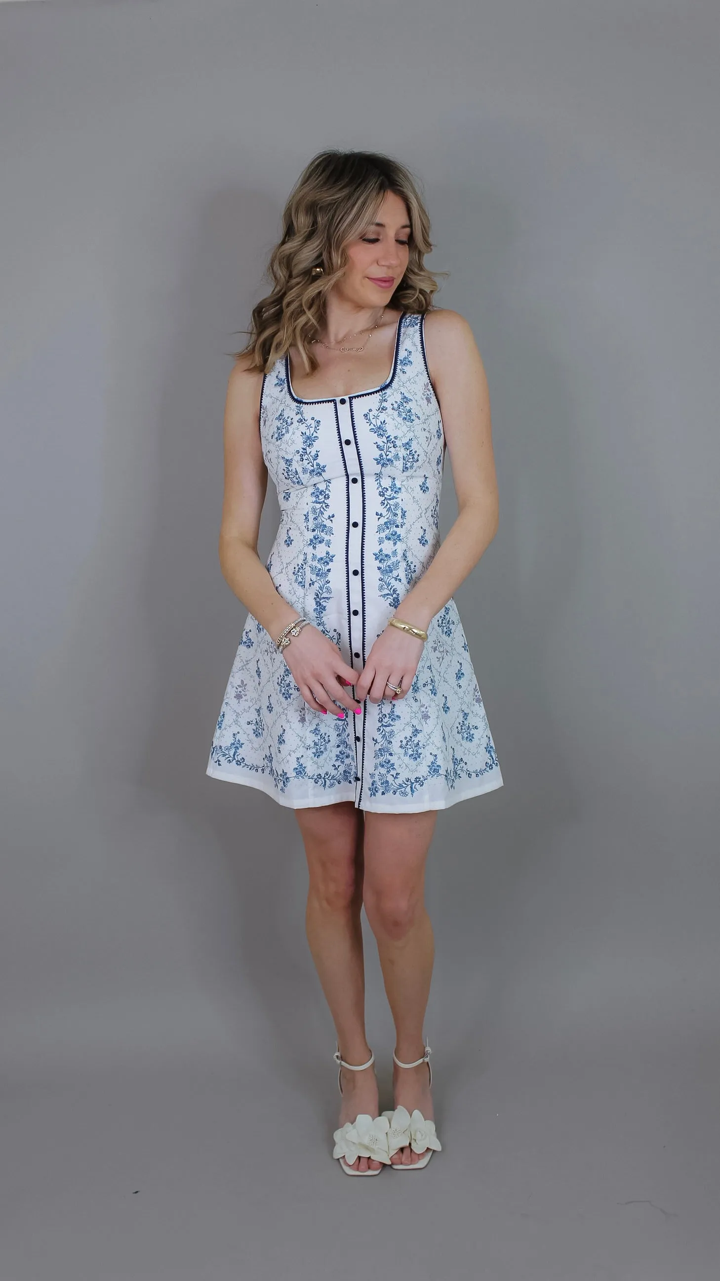 Stephanie White/Navy Printed Dress