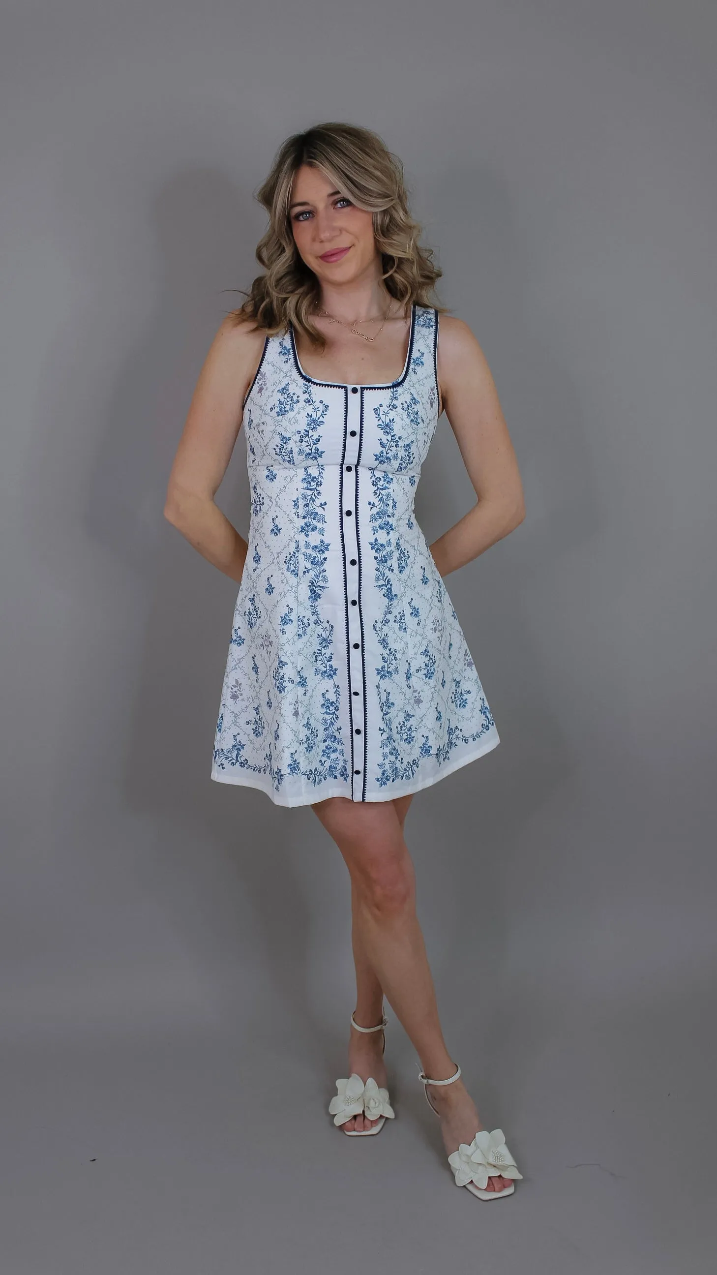 Stephanie White/Navy Printed Dress