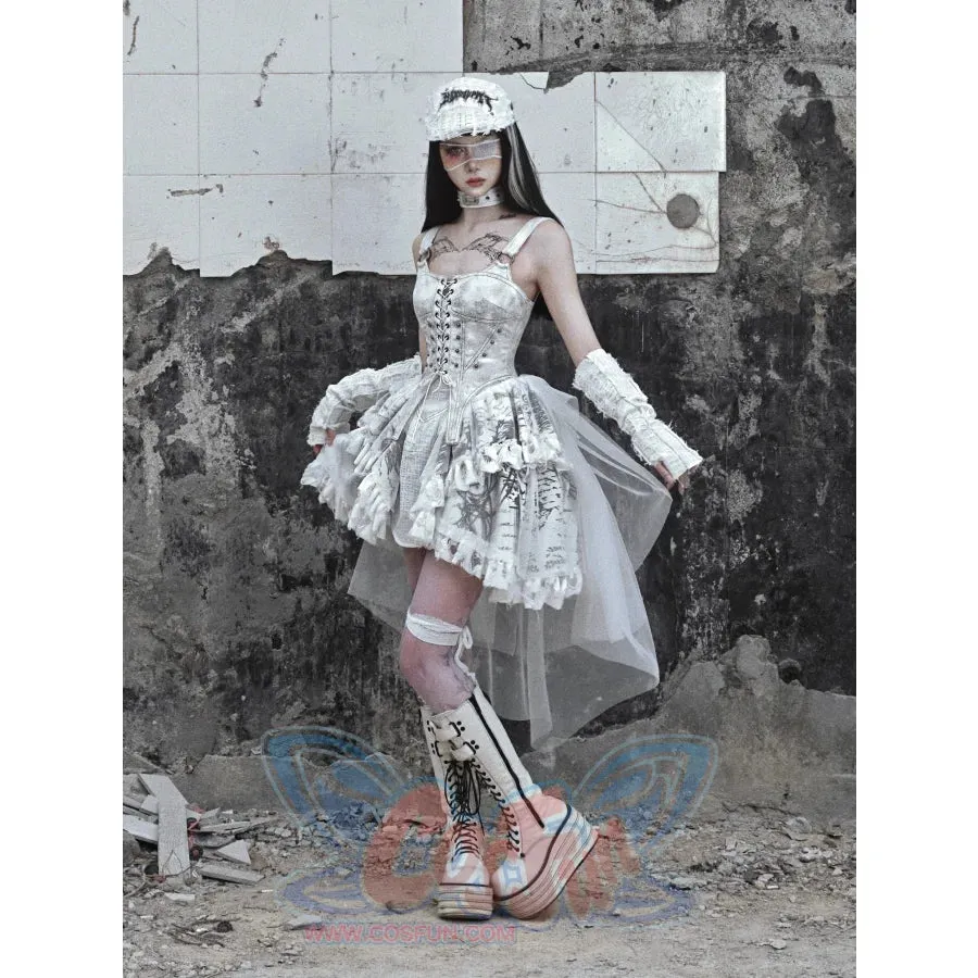 Suede Strappy Punk Trailing Printed Halter Dress