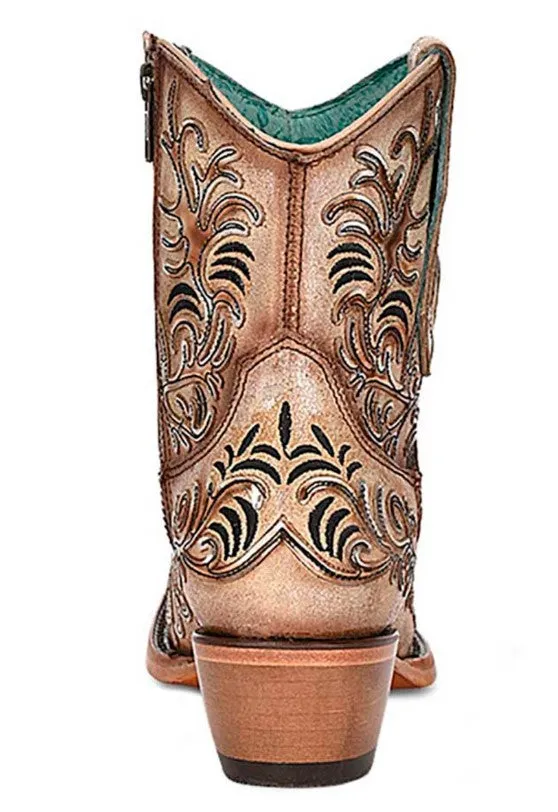 Tan Ankle Booties with Dark Embroidery and Mirrored Overlay and Toe Design