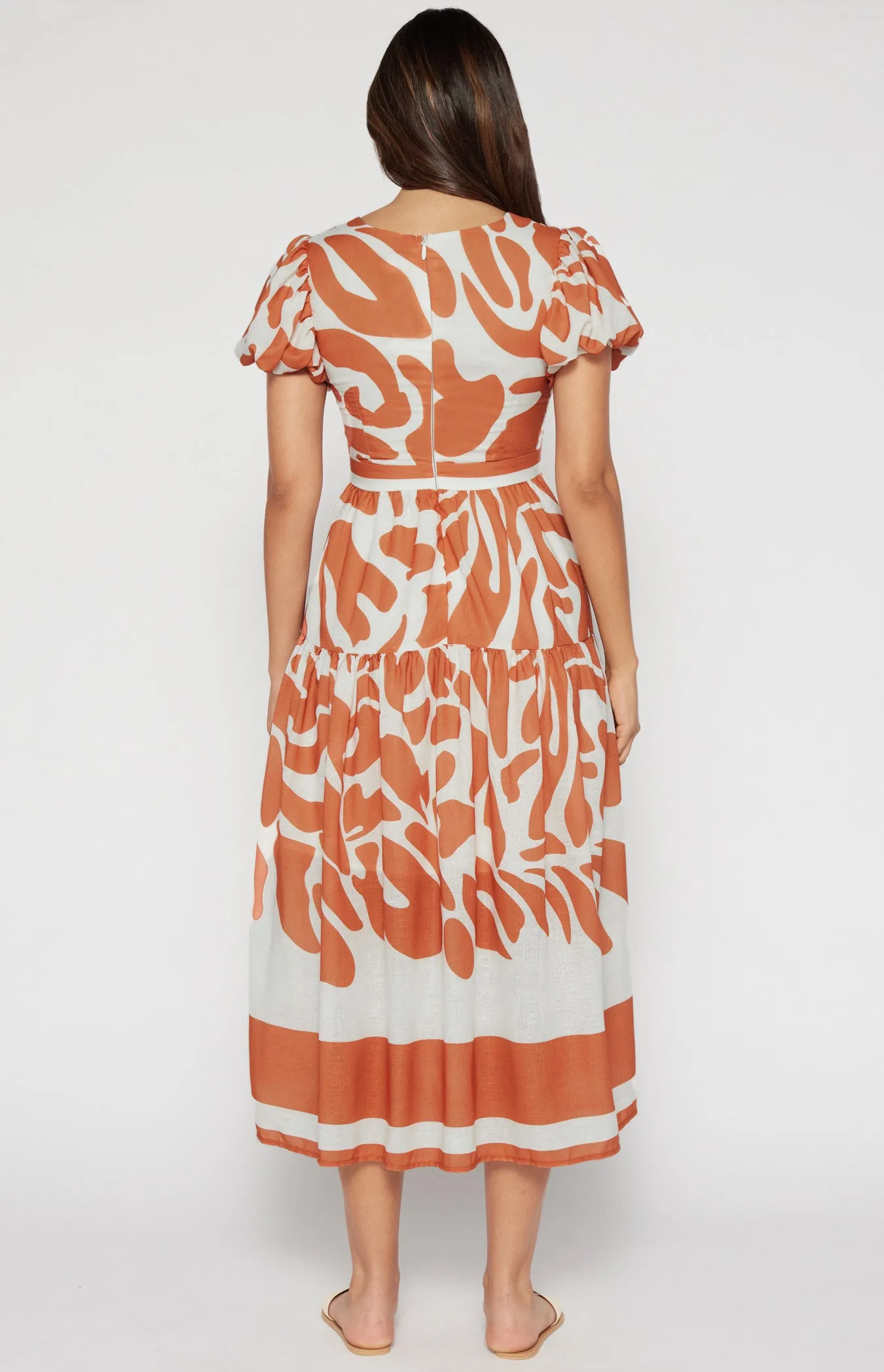 Terracotta Placement Print Linen Midi Dress