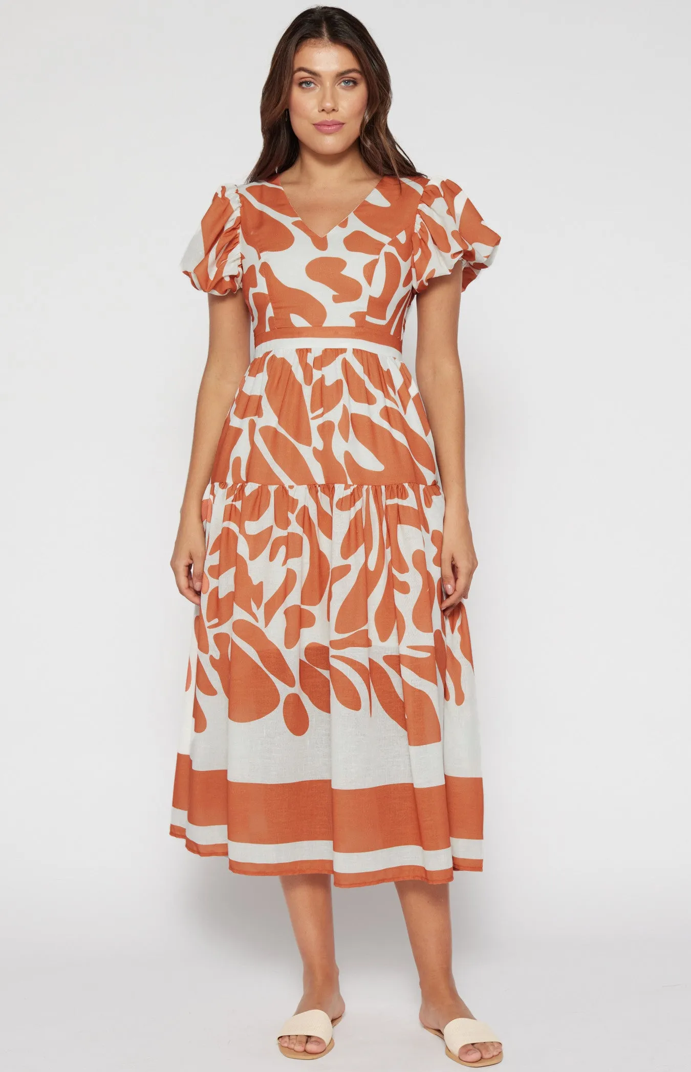 Terracotta Placement Print Linen Midi Dress