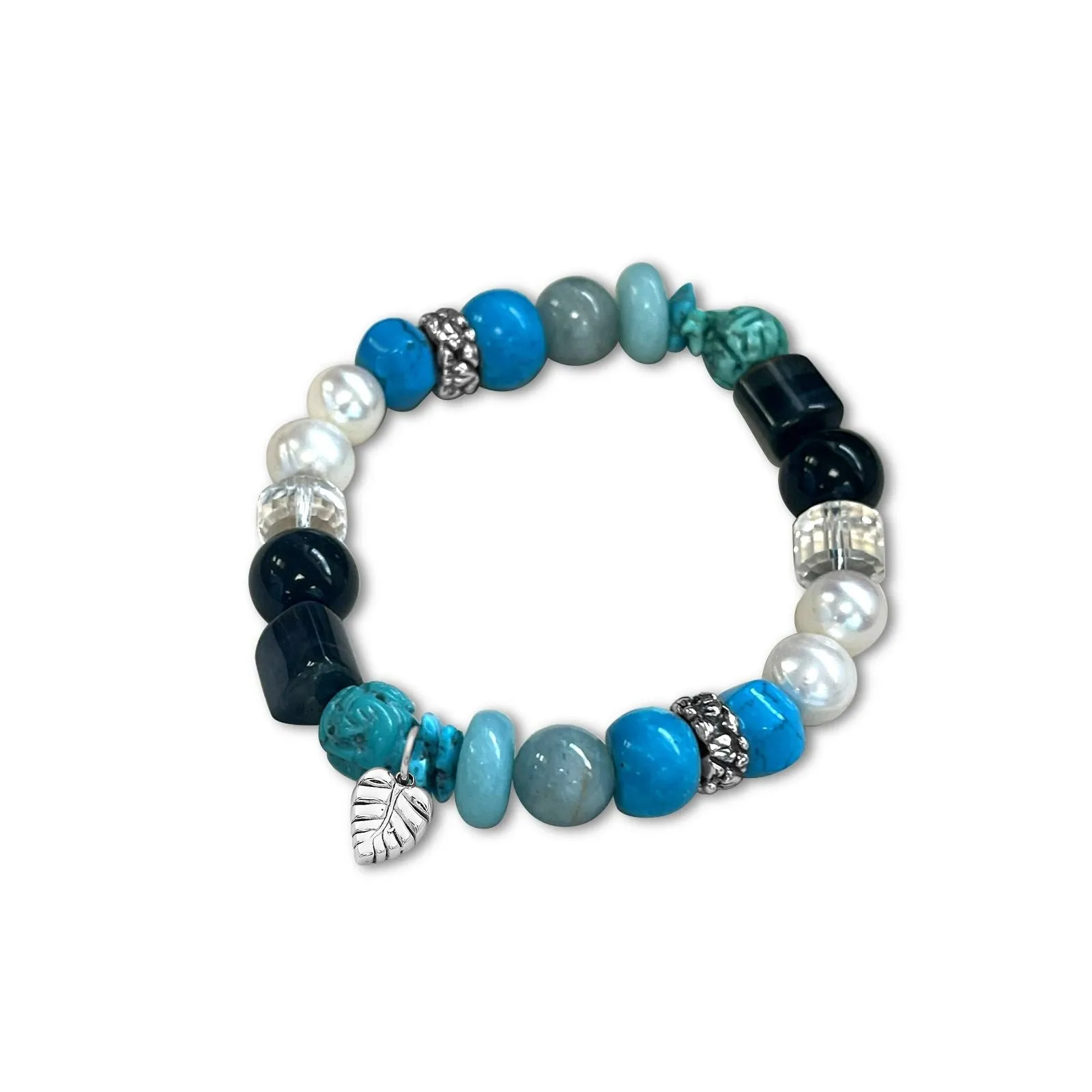 Terraquatic Turquoise, Aquamarine, Aventurine, Tiger Eye, Onyx, Natural Quartz, Pearl, and Magnesite Slip-On Bracelet in Sterling Silver