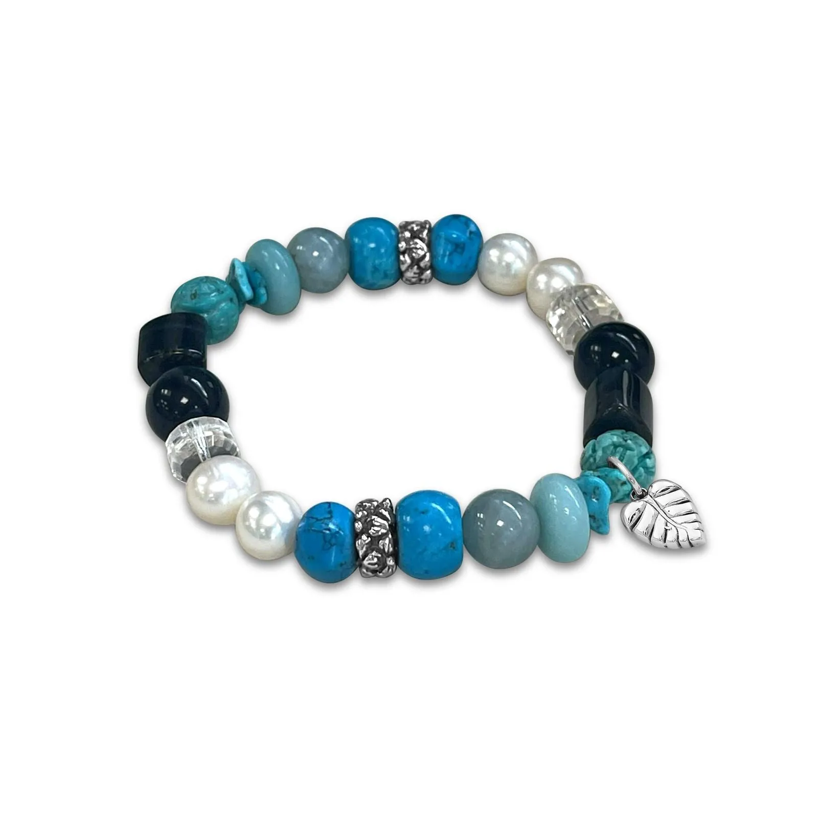 Terraquatic Turquoise, Aquamarine, Aventurine, Tiger Eye, Onyx, Natural Quartz, Pearl, and Magnesite Slip-On Bracelet in Sterling Silver