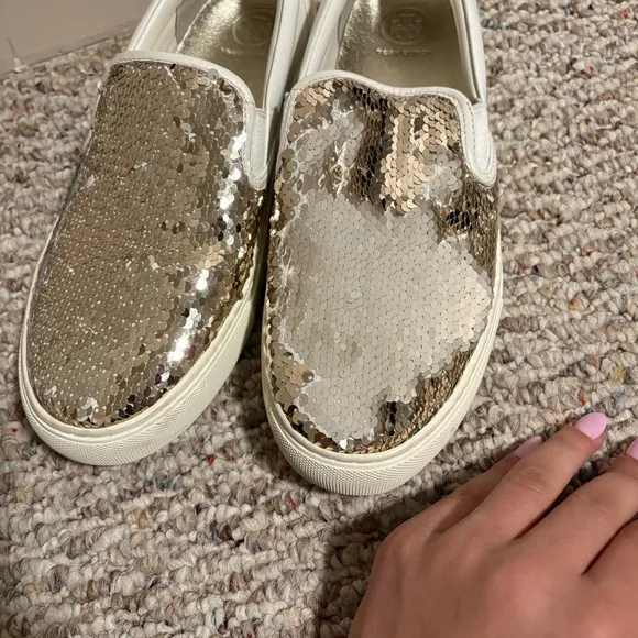 Tory Burch Carter Slip On Flip Sequins Gold Sneaker- Size 9