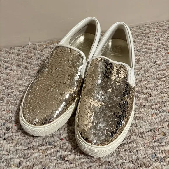 Tory Burch Carter Slip On Flip Sequins Gold Sneaker- Size 9