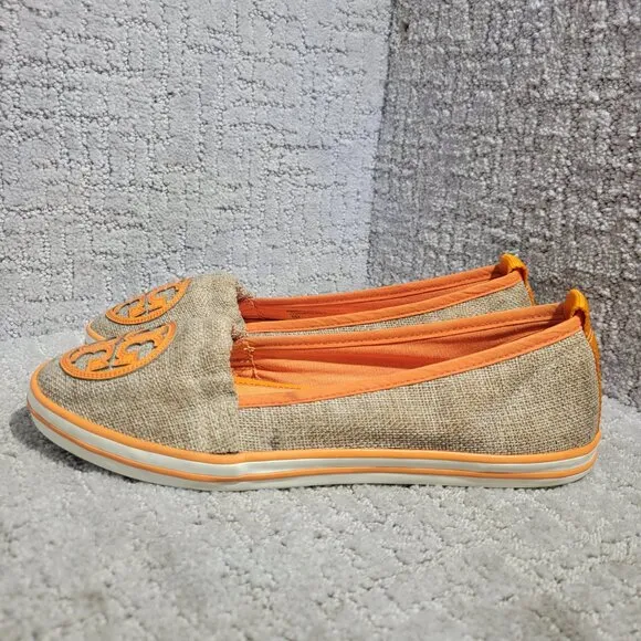 Tory Burch Raymond Women's Size 8M US Orange Canvas Logo Flat Slip on Shoes