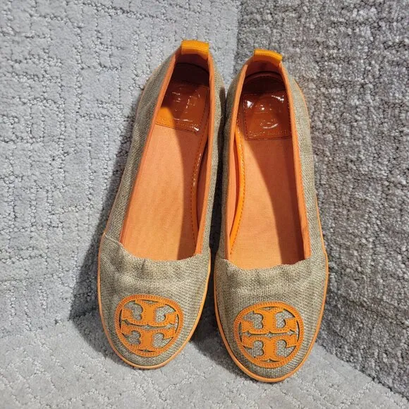 Tory Burch Raymond Women's Size 8M US Orange Canvas Logo Flat Slip on Shoes