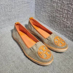 Tory Burch Raymond Women's Size 8M US Orange Canvas Logo Flat Slip on Shoes