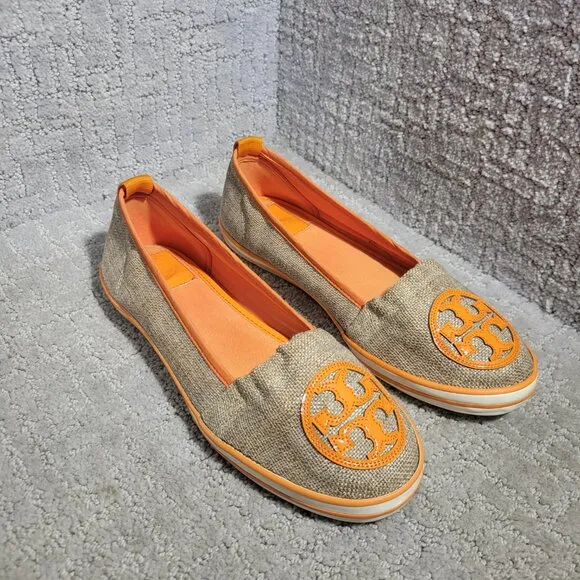 Tory Burch Raymond Women's Size 8M US Orange Canvas Logo Flat Slip on Shoes