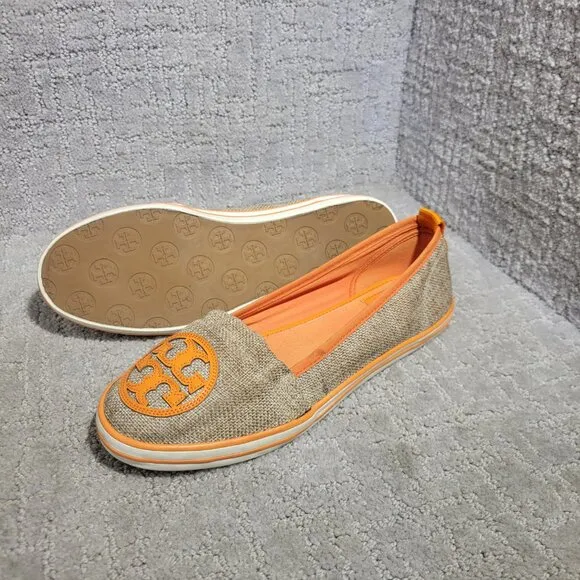 Tory Burch Raymond Women's Size 8M US Orange Canvas Logo Flat Slip on Shoes