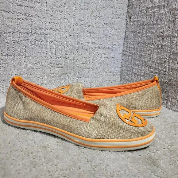 Tory Burch Raymond Women's Size 8M US Orange Canvas Logo Flat Slip on Shoes