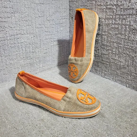 Tory Burch Raymond Women's Size 8M US Orange Canvas Logo Flat Slip on Shoes