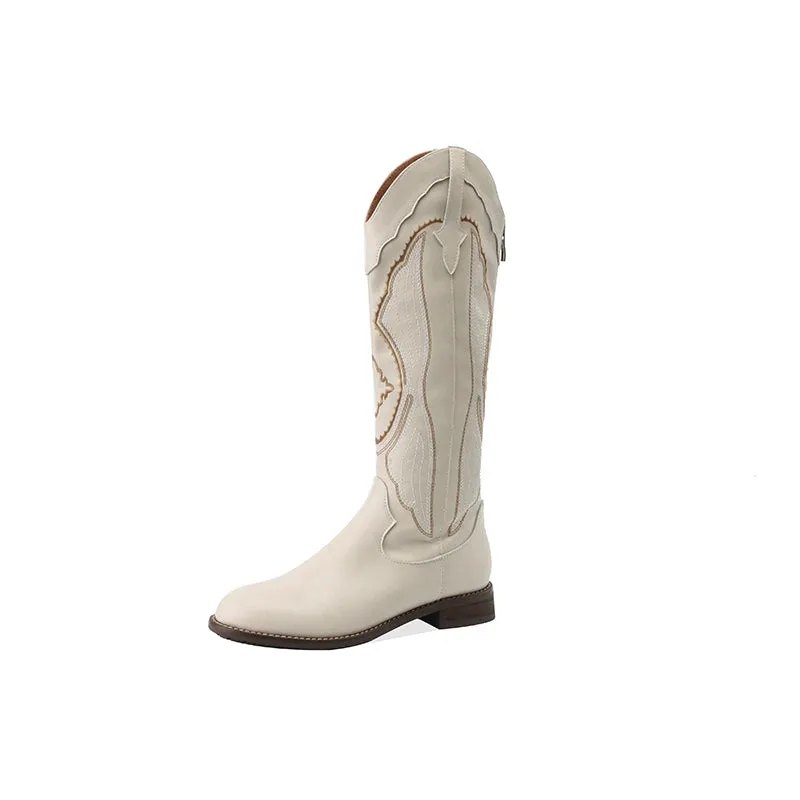 White Boots Women Boots Autumn and Winter Fleece-lined Low Heel Genuine Leather Boots\n Knight Boots Retro Embroidery Western Cowboy Boot