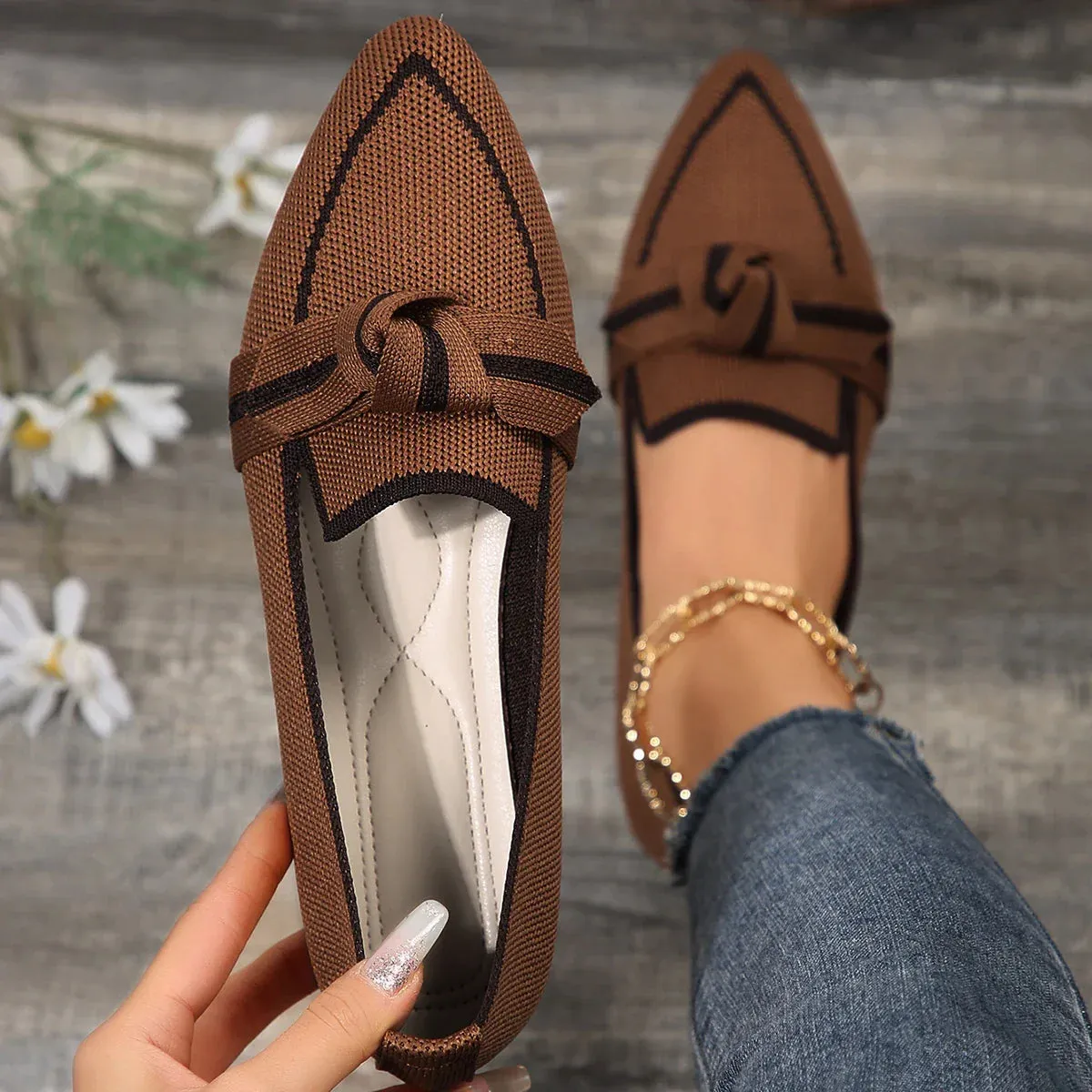 Women's Bow Light Mouth Solid Flat Shoes Comfortable Single Shoes