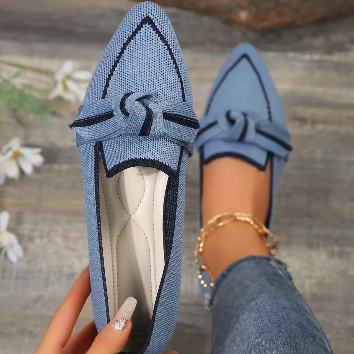 Women's Bow Light Mouth Solid Flat Shoes Comfortable Single Shoes