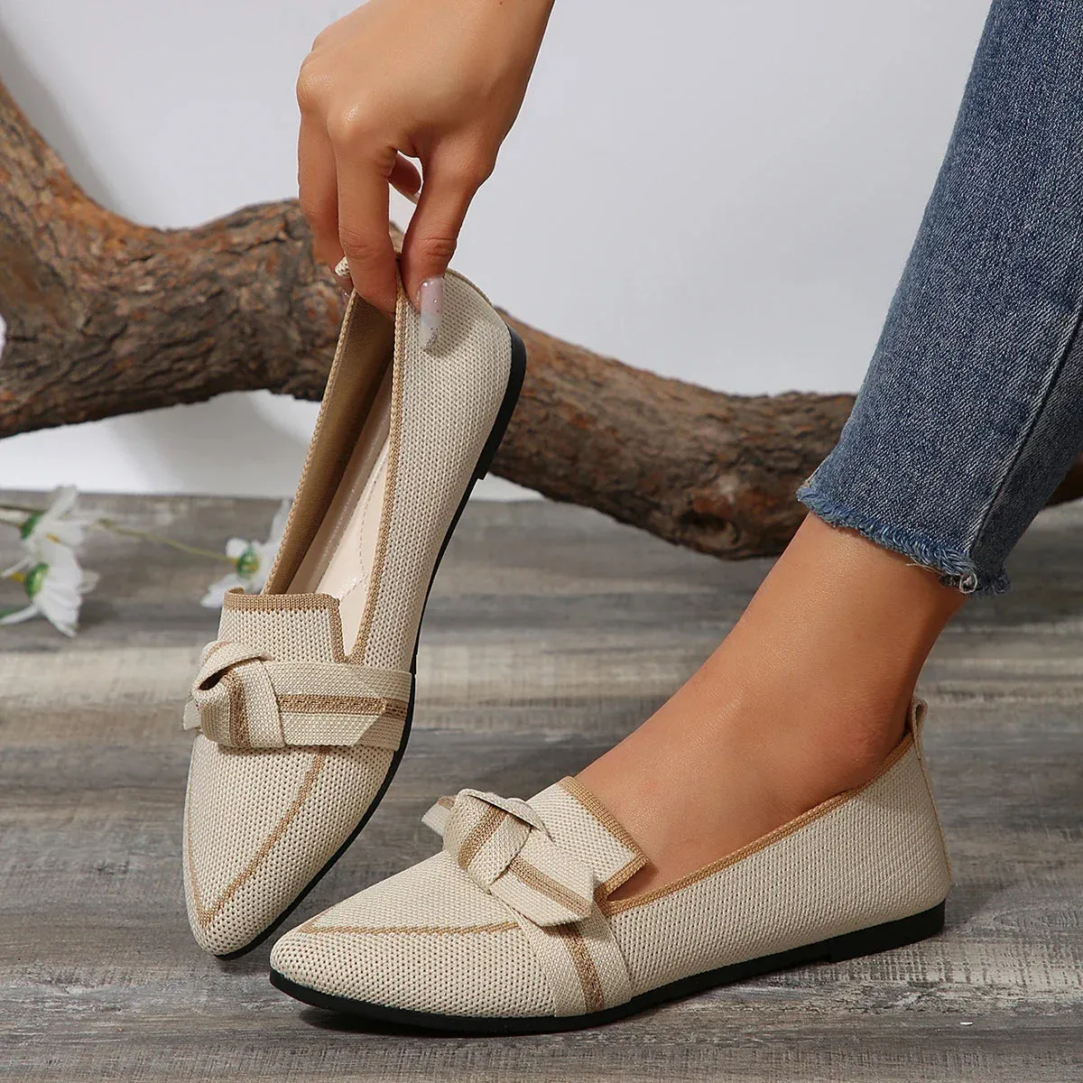 Women's Bow Light Mouth Solid Flat Shoes Comfortable Single Shoes