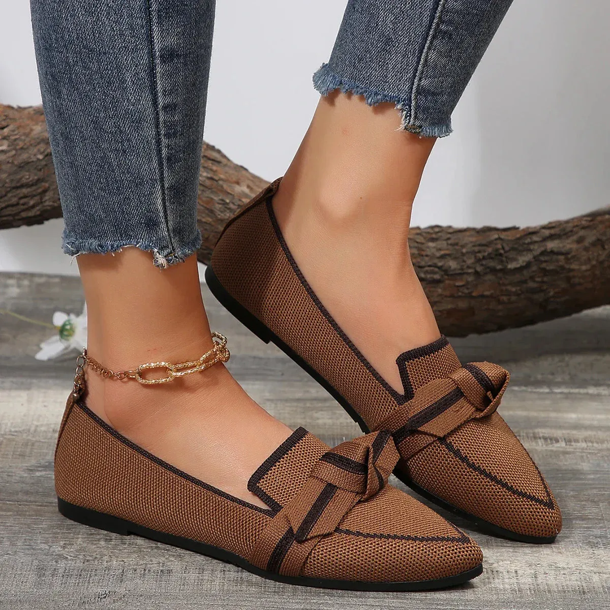 Women's Bow Light Mouth Solid Flat Shoes Comfortable Single Shoes