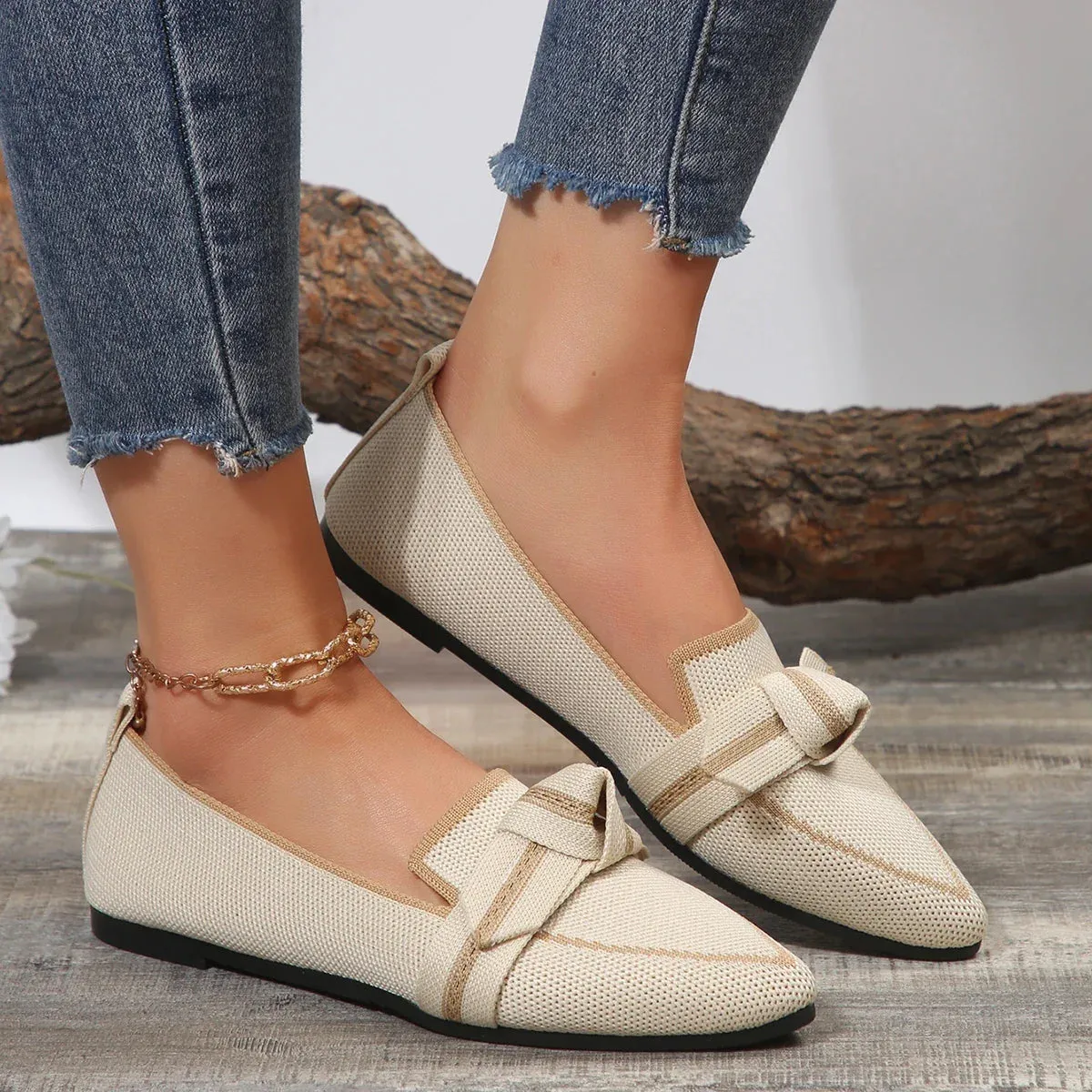 Women's Bow Light Mouth Solid Flat Shoes Comfortable Single Shoes
