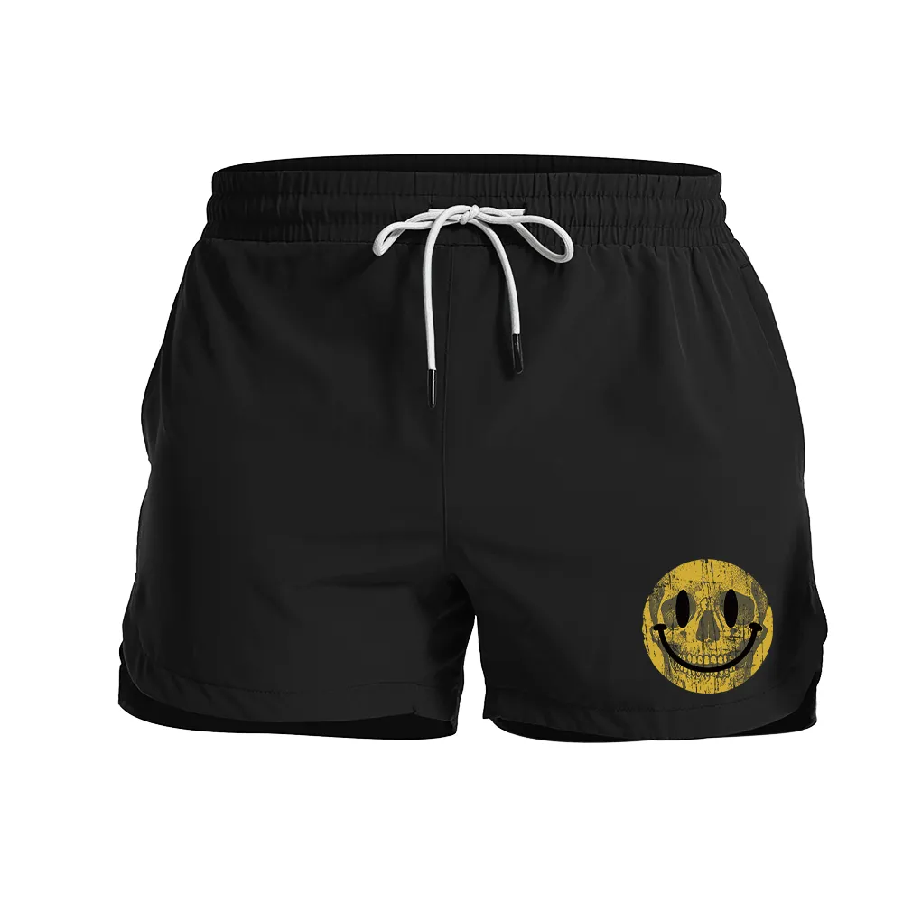 Yellow Skull Smiley Face Graphic Shorts